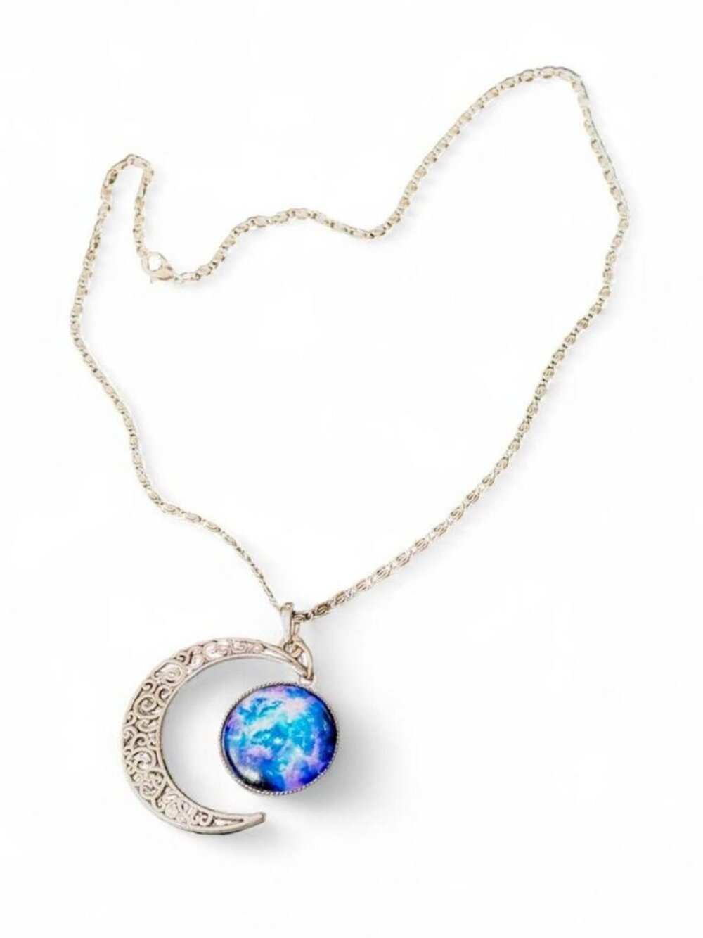Galaxy Moon Silver Necklace Crescent Moon Blue Planet Pendant 18 in